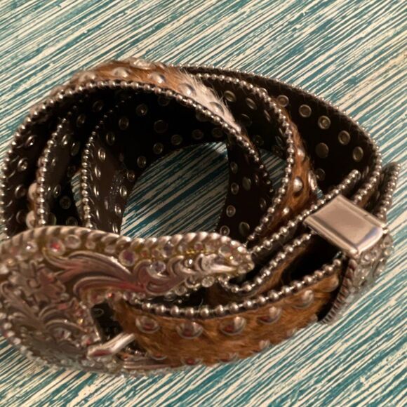 Nocona Women’s Leather/Calf Hair Rhinestone/Studs Western/Cowgirl Belt Size - Picture 7 of 14